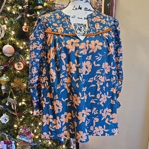 Umgee Blue and Orange Floral Blouse